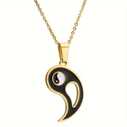 2pcs Yin Yang Puzzle Matching Pendant Necklace Best Friend Couples Stainless Steel White Black Enamel Silvery Necklaces with 45.72cm Chain BFF Jewelry