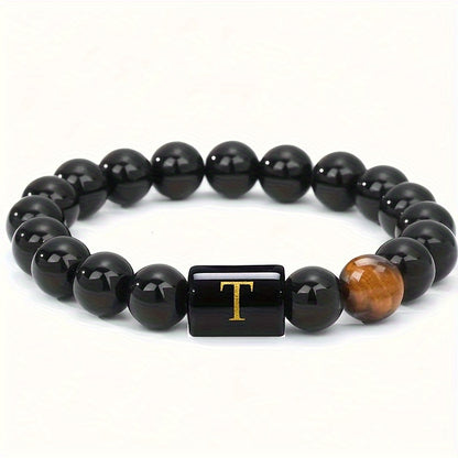 1pc A To Z 26 Letters Fashion Bracelets For Men, Cool Tiger Eye Stone Bracelets For Husband And Boyfriend, Birthday And Valentine's Day Gifts, Father's Day Gift