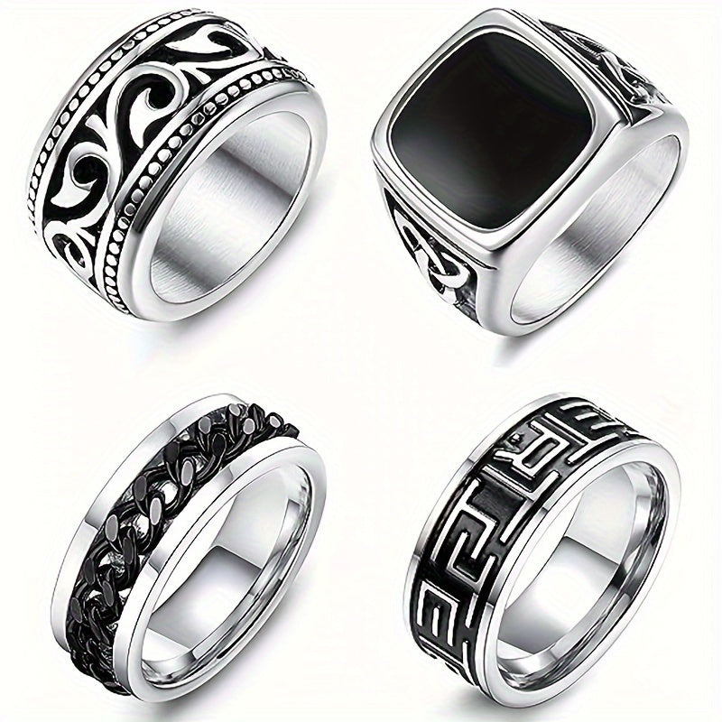 Vintage Style 4-Piece Men's Stainless Steel Ring Set - Greek Seal, Celtic Engraved, Thumb, and Vintage Carved Designs - 304 Stainless Steel, Non-Plated Jewelry Collection
