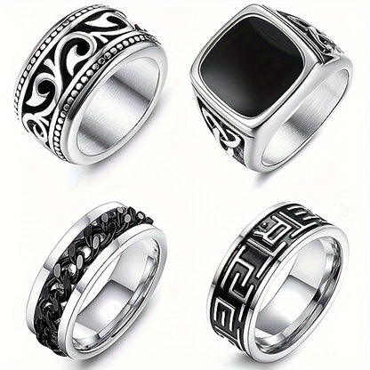 Vintage Style 4-Piece Men's Stainless Steel Ring Set - Greek Seal, Celtic Engraved, Thumb, and Vintage Carved Designs - 304 Stainless Steel, Non-Plated Jewelry Collection