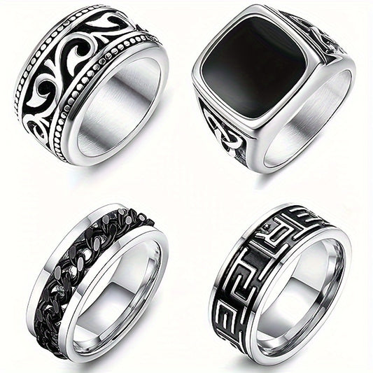 Vintage Style 4-Piece Men's Stainless Steel Ring Set - Greek Seal, Celtic Engraved, Thumb, and Vintage Carved Designs - 304 Stainless Steel, Non-Plated Jewelry Collection