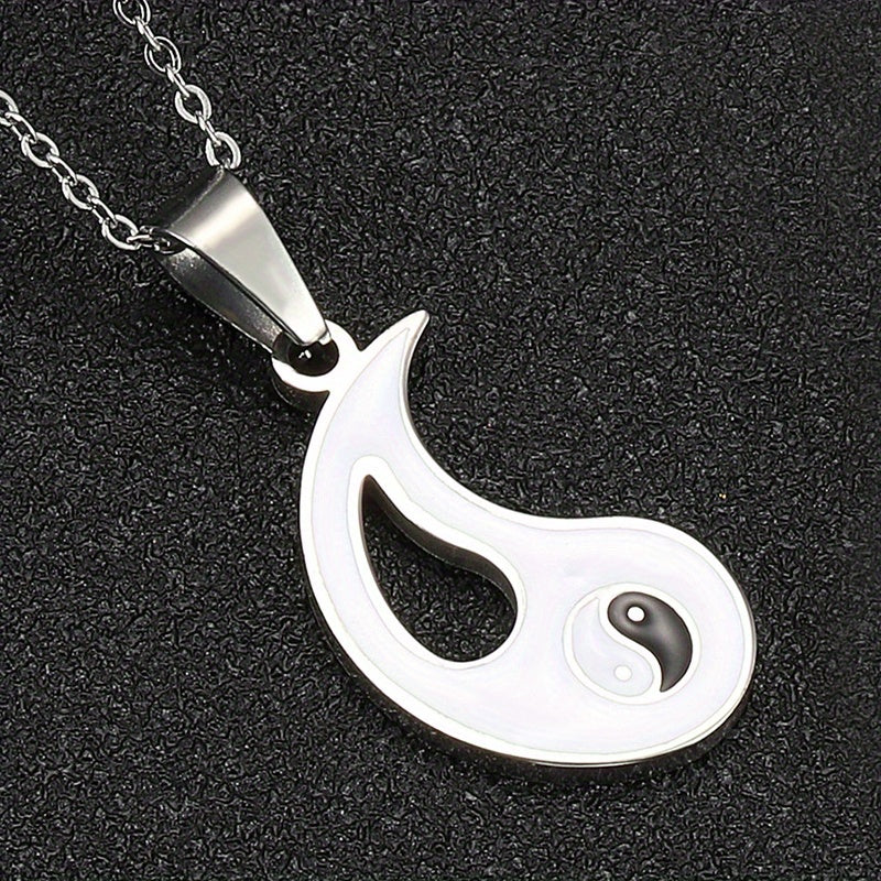 2pcs Yin Yang Puzzle Matching Pendant Necklace Best Friend Couples Stainless Steel White Black Enamel Silvery Necklaces with 45.72cm Chain BFF Jewelry