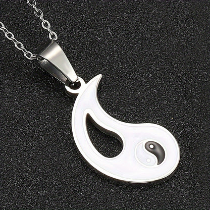 2pcs Yin Yang Puzzle Matching Pendant Necklace Best Friend Couples Stainless Steel White Black Enamel Silvery Necklaces with 45.72cm Chain BFF Jewelry