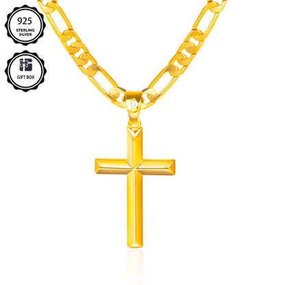 A 925 Silver Men'S Pendant Necklace, 18K Gold Plated 18K Gold Plated-Plated Minimalist Figaro Chain Paired with a Three-Dimensional Cross Pendant, The Perfect Gift for Him, Father'S Day Gift, Gift Boxed
