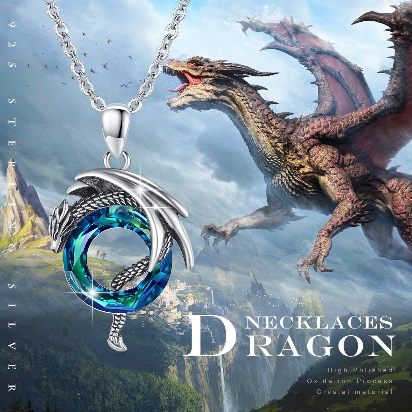 Dragon Necklace 925 Sterling Silvery Dragon Artificial Crystal Necklace Dragon Jewelry for Men Women