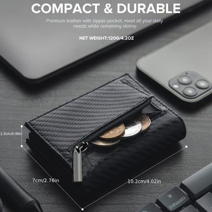 Men's Wallet with Zipper Coin Pocket Automatic Pop-up Metal Credit Card Holder Minimalist RFID Shielded Business Card Wallet Ideal Gift for Men