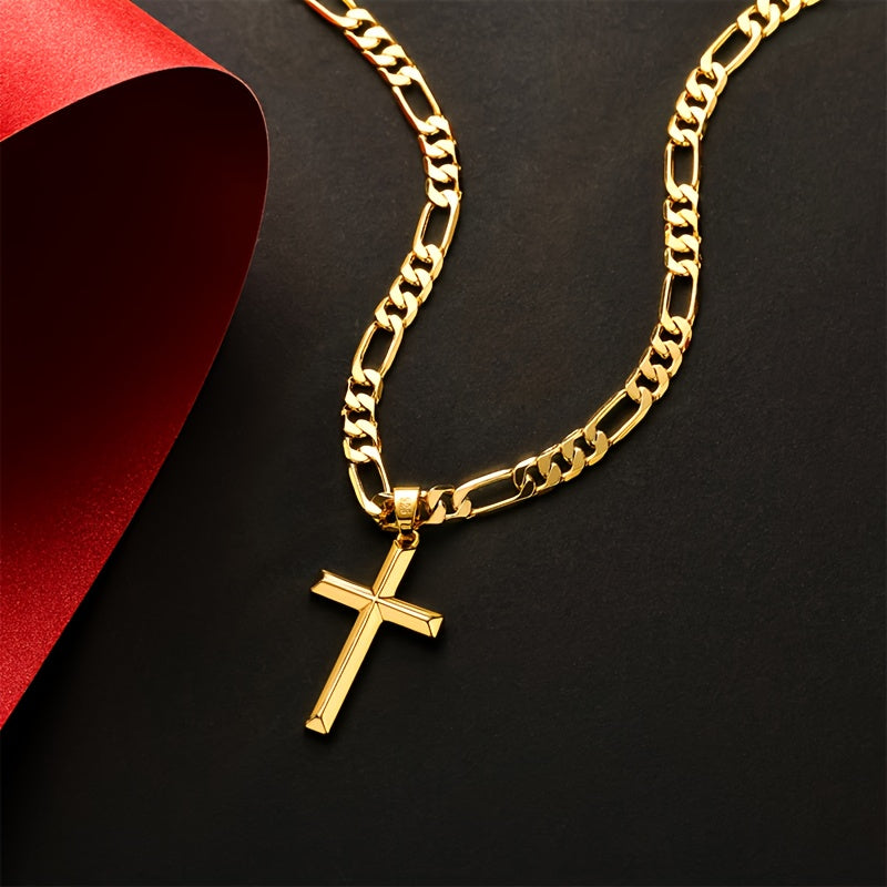 A 925 Silver Men'S Pendant Necklace, 18K Gold Plated 18K Gold Plated-Plated Minimalist Figaro Chain Paired with a Three-Dimensional Cross Pendant, The Perfect Gift for Him, Father'S Day Gift, Gift Boxed