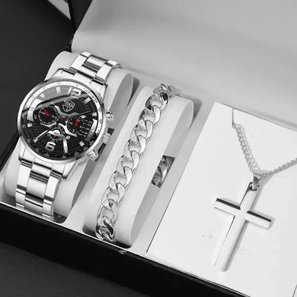 5PCS Set DEYROS Fashion Mens Calendar Watches Men Business Stainless Steel Quartz Wristwatch Male Casual Necklace Bracelet Watch
