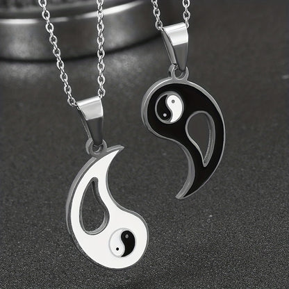 2pcs Yin Yang Puzzle Matching Pendant Necklace Best Friend Couples Stainless Steel White Black Enamel Silvery Necklaces with 45.72cm Chain BFF Jewelry