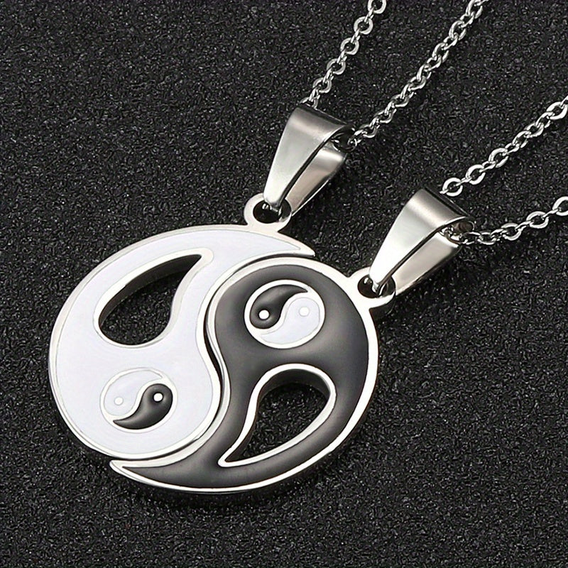 2pcs Yin Yang Puzzle Matching Pendant Necklace Best Friend Couples Stainless Steel White Black Enamel Silvery Necklaces with 45.72cm Chain BFF Jewelry