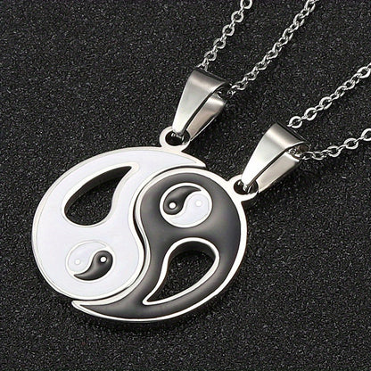 2pcs Yin Yang Puzzle Matching Pendant Necklace Best Friend Couples Stainless Steel White Black Enamel Silvery Necklaces with 45.72cm Chain BFF Jewelry