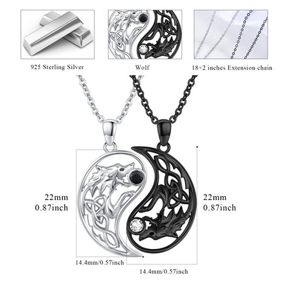 Wolf Matching Necklace 925 Sterling Silvery 2pcs Yin Yang Celtic Knot Wolf Pendant BFF Necklace Couple Friendship Jewelry Valentine's Day Gifts for Her Him Women Men