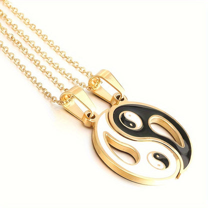2pcs Yin Yang Puzzle Matching Pendant Necklace Best Friend Couples Stainless Steel White Black Enamel Silvery Necklaces with 45.72cm Chain BFF Jewelry