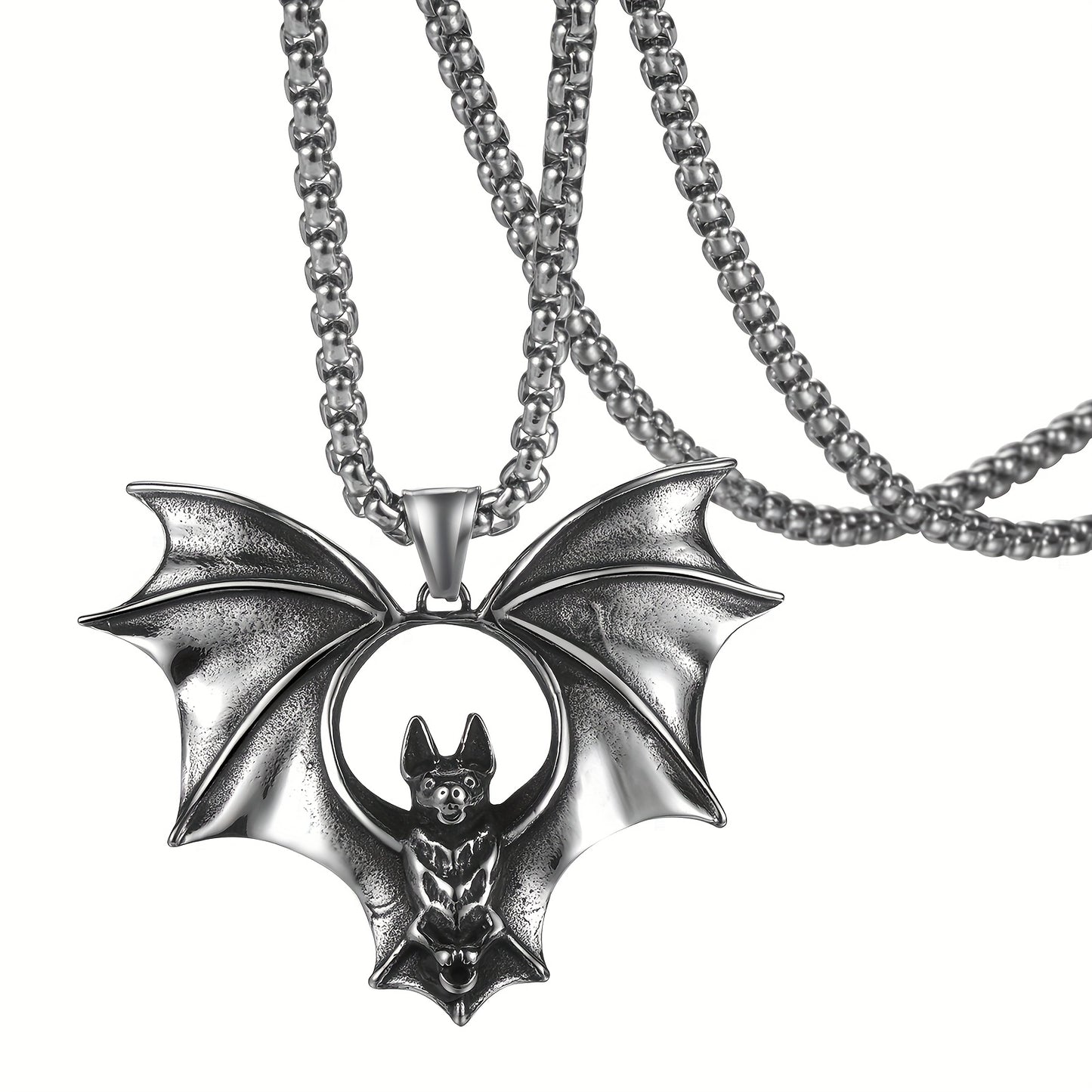 Men's Halloween bat necklace: bat pendant gothic jewelry - Stainless Steel vivid large bat retro Silvery punk necklace Men's gift