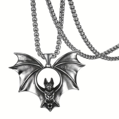 Men's Halloween bat necklace: bat pendant gothic jewelry - Stainless Steel vivid large bat retro Silvery punk necklace Men's gift