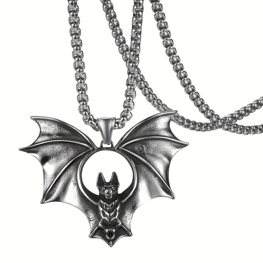 Men's Halloween bat necklace: bat pendant gothic jewelry - Stainless Steel vivid large bat retro Silvery punk necklace Men's gift