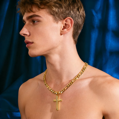 A 925 Silver Men'S Pendant Necklace, 18K Gold Plated 18K Gold Plated-Plated Minimalist Figaro Chain Paired with a Three-Dimensional Cross Pendant, The Perfect Gift for Him, Father'S Day Gift, Gift Boxed