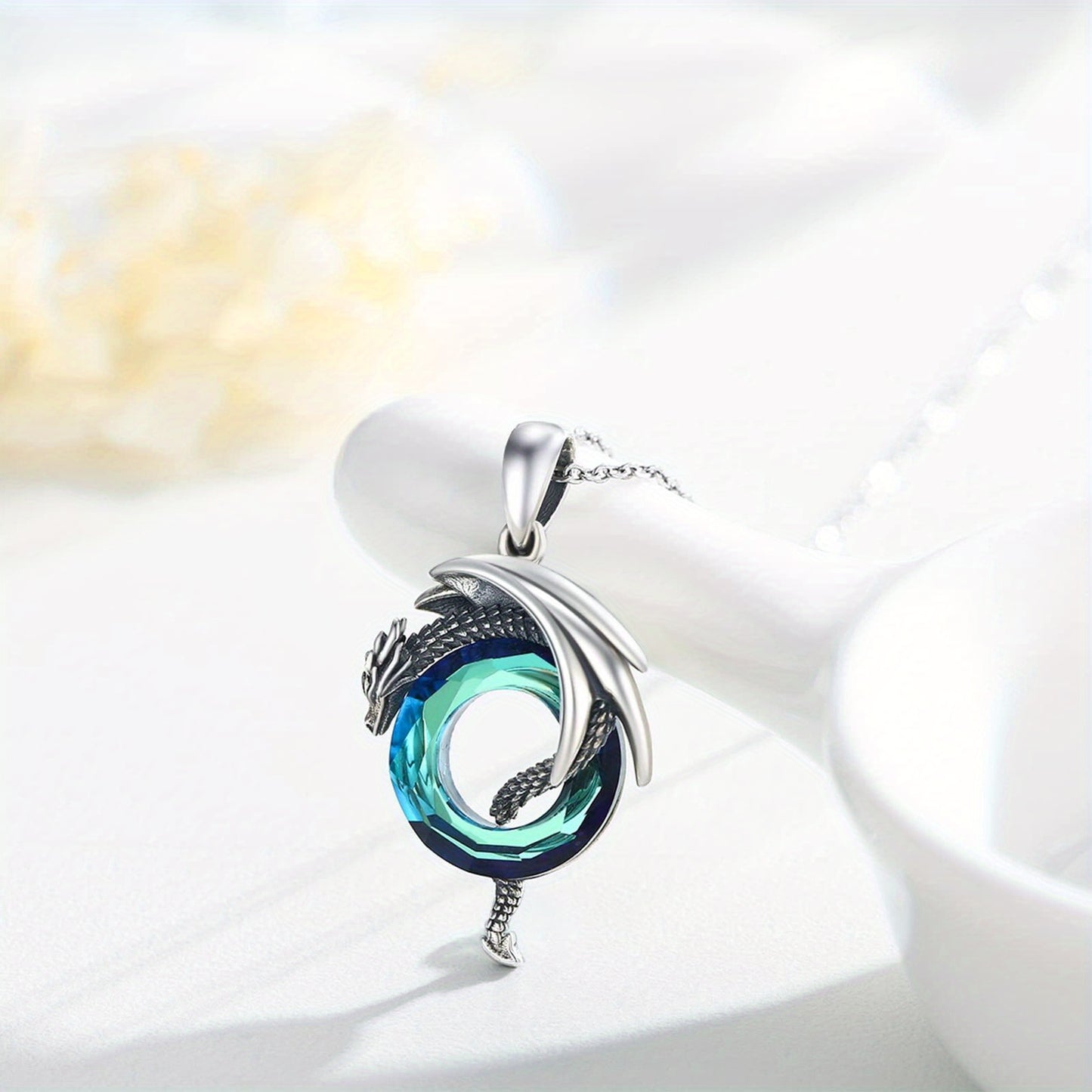 Dragon Necklace 925 Sterling Silvery Dragon Artificial Crystal Necklace Dragon Jewelry for Men Women