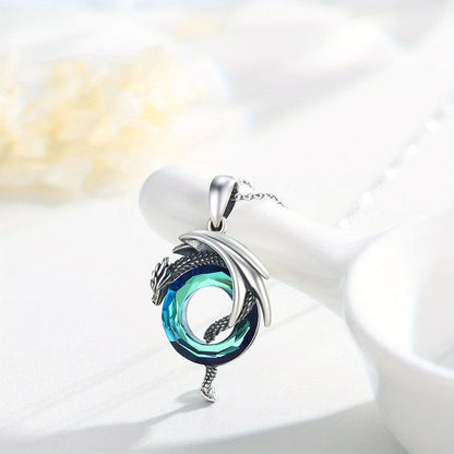 Dragon Necklace 925 Sterling Silvery Dragon Artificial Crystal Necklace Dragon Jewelry for Men Women