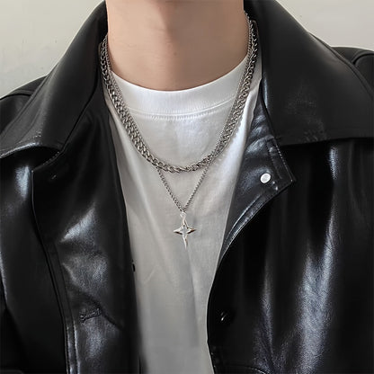 Dual Layered Hip Hop Style Necklace, Elegant Iron Chain with Star Pendant, Unplated Fashion Accessory for Men and Women