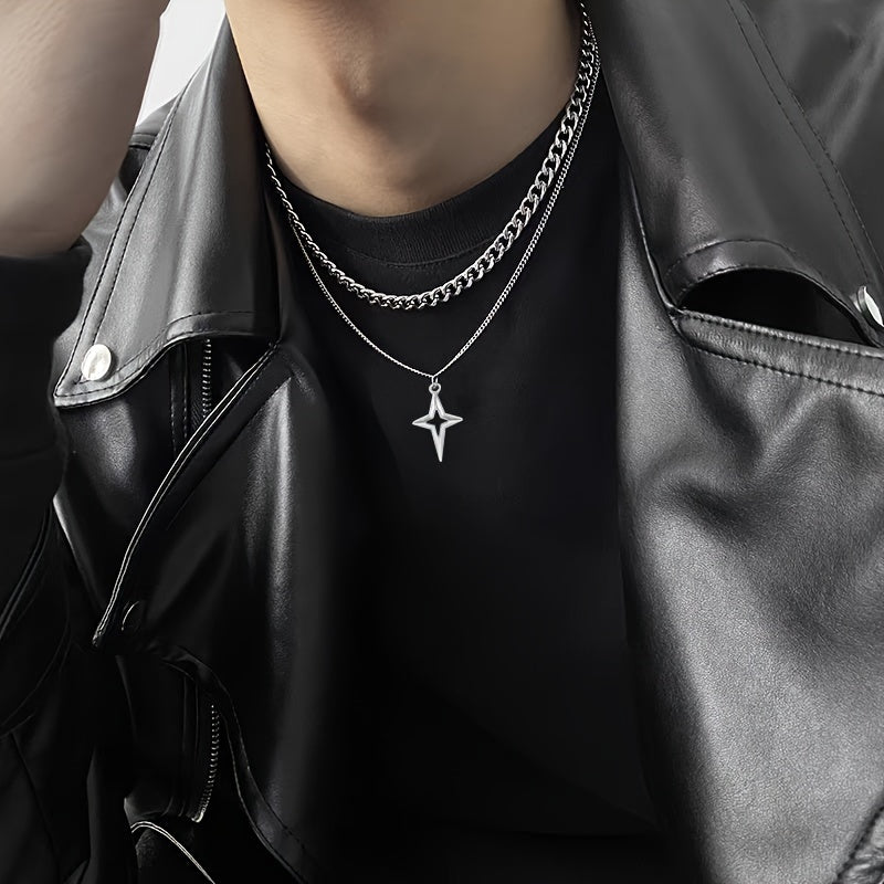 Dual Layered Hip Hop Style Necklace, Elegant Iron Chain with Star Pendant, Unplated Fashion Accessory for Men and Women