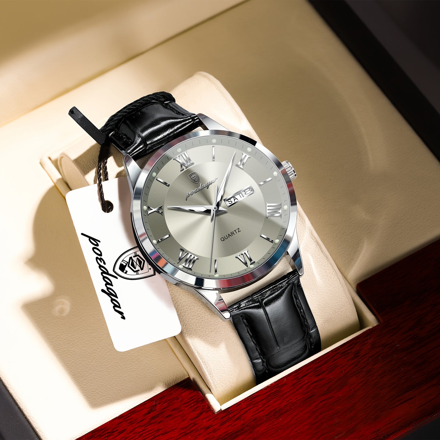 Orologio da Uomo POEDAGAR Elegante – Cinturino in Pelle, Impermeabile, Calendario e Quadrante Luminoso