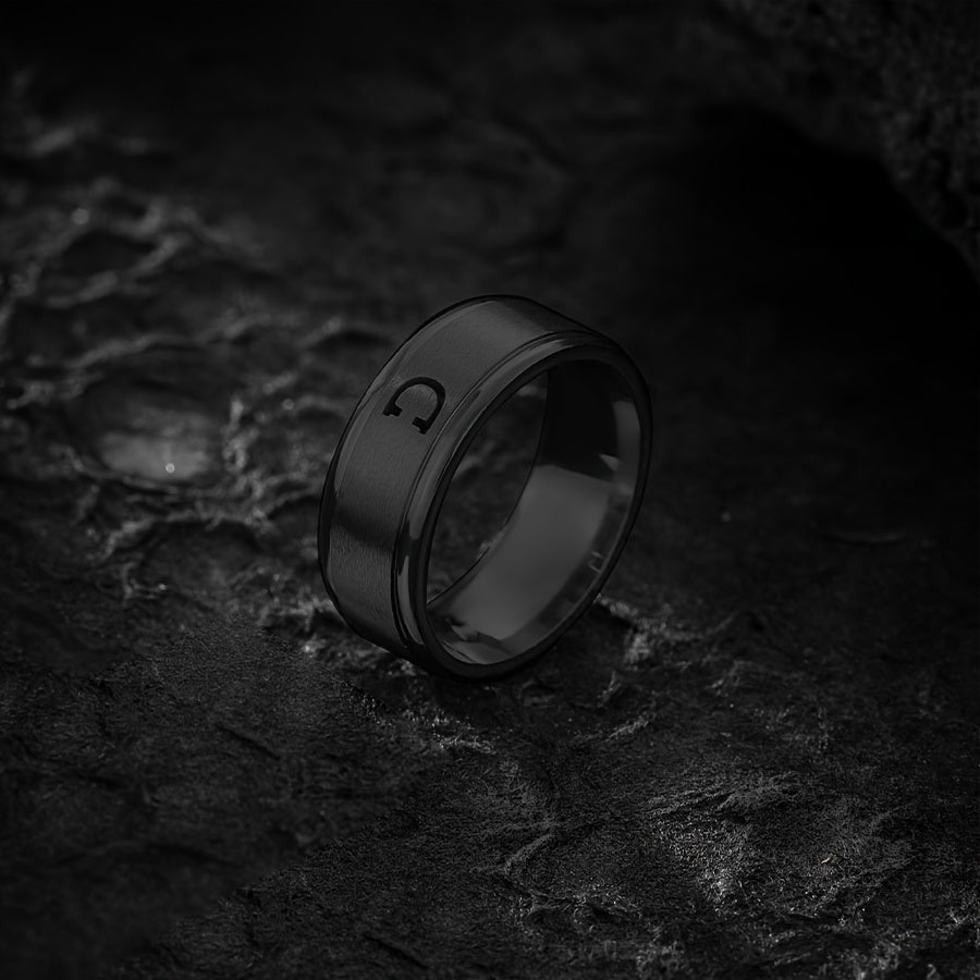 1pc Men's Fashion Stainless Steel Double Step Matte Hollow Letter Ring, Suitable For Men Women