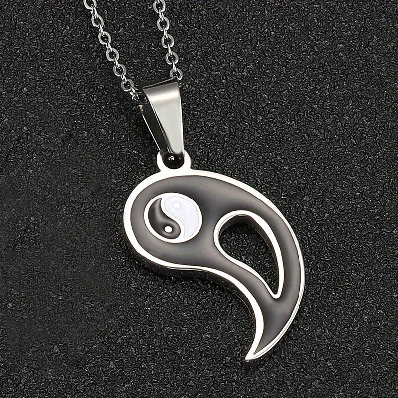 2pcs Yin Yang Puzzle Matching Pendant Necklace Best Friend Couples Stainless Steel White Black Enamel Silvery Necklaces with 45.72cm Chain BFF Jewelry