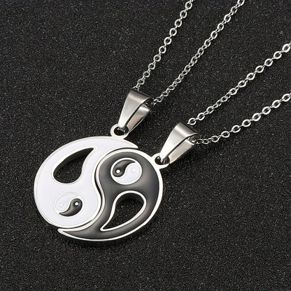 2pcs Yin Yang Puzzle Matching Pendant Necklace Best Friend Couples Stainless Steel White Black Enamel Silvery Necklaces with 45.72cm Chain BFF Jewelry