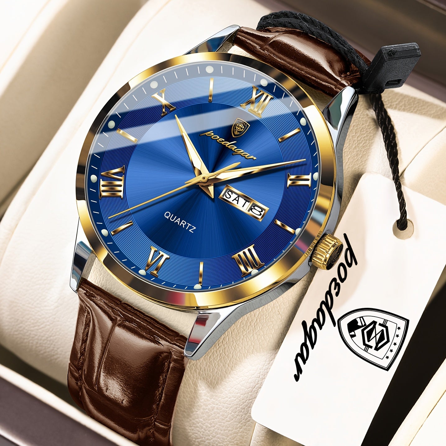 Orologio da Uomo POEDAGAR Elegante – Cinturino in Pelle, Impermeabile, Calendario e Quadrante Luminoso