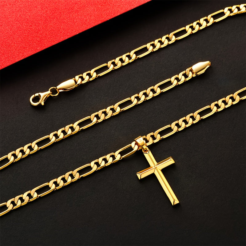 A 925 Silver Men'S Pendant Necklace, 18K Gold Plated 18K Gold Plated-Plated Minimalist Figaro Chain Paired with a Three-Dimensional Cross Pendant, The Perfect Gift for Him, Father'S Day Gift, Gift Boxed