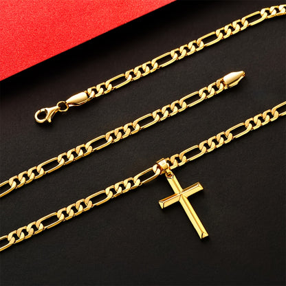 A 925 Silver Men'S Pendant Necklace, 18K Gold Plated 18K Gold Plated-Plated Minimalist Figaro Chain Paired with a Three-Dimensional Cross Pendant, The Perfect Gift for Him, Father'S Day Gift, Gift Boxed